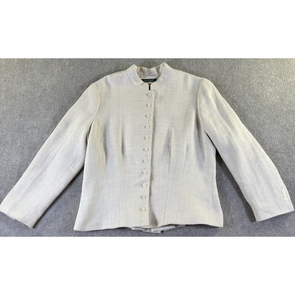 Lauren Ralph Lauren Cream Herringbone 100% Linen Mandarin Collar Blazer Sz L